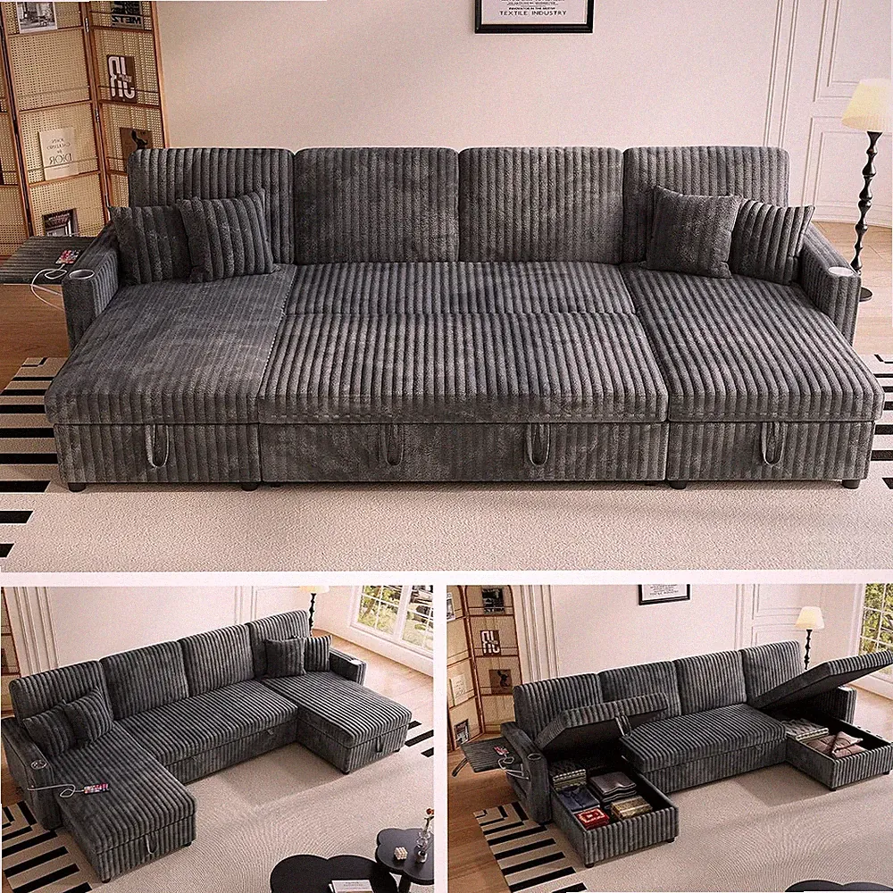 Sleeper Sectional Sofa, 110" Modern U Shaped Couch with Pull Out Bed, Convertibl
