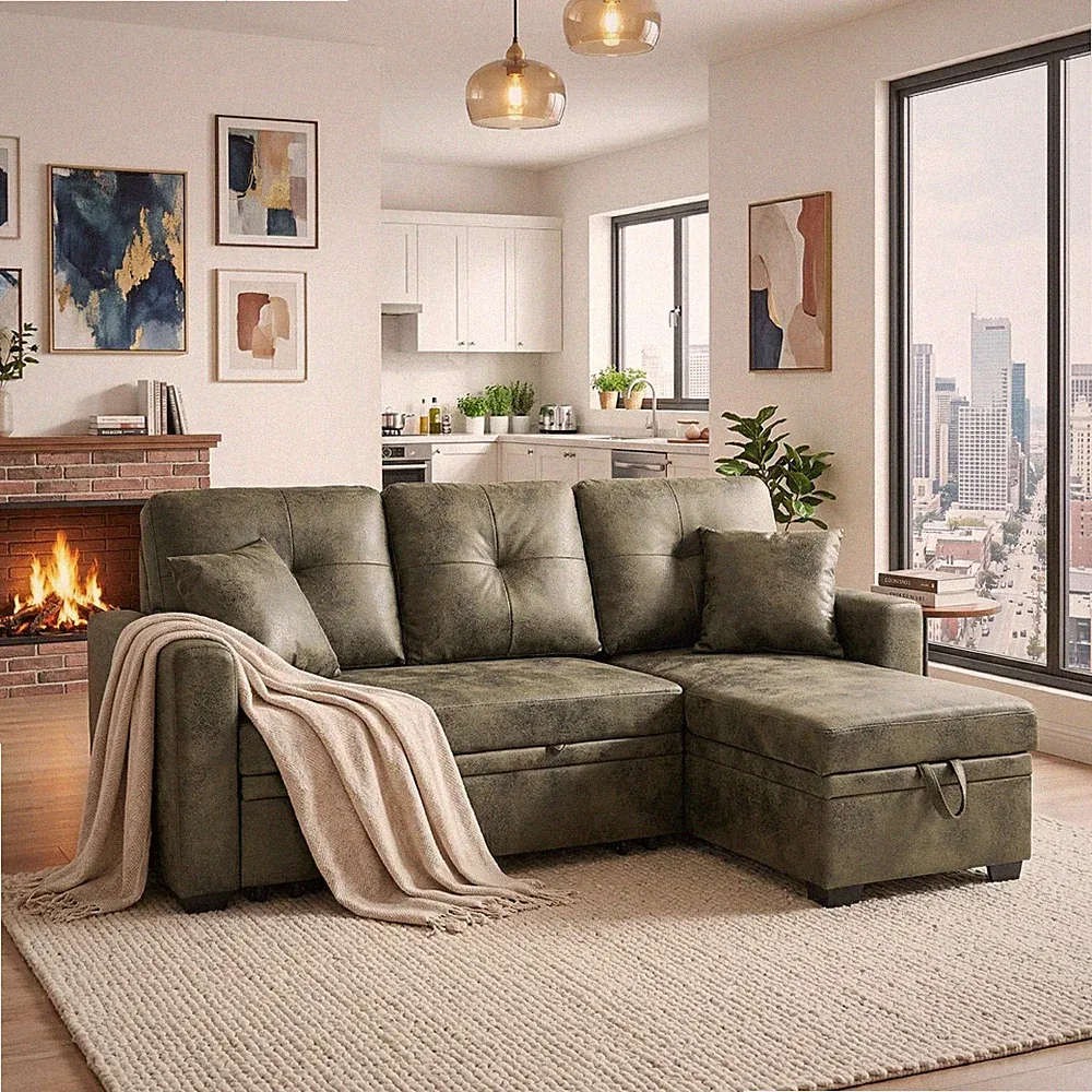 Sleeper Sectional Sofa Bed with Reversible Chaise & Storage, Olive Green