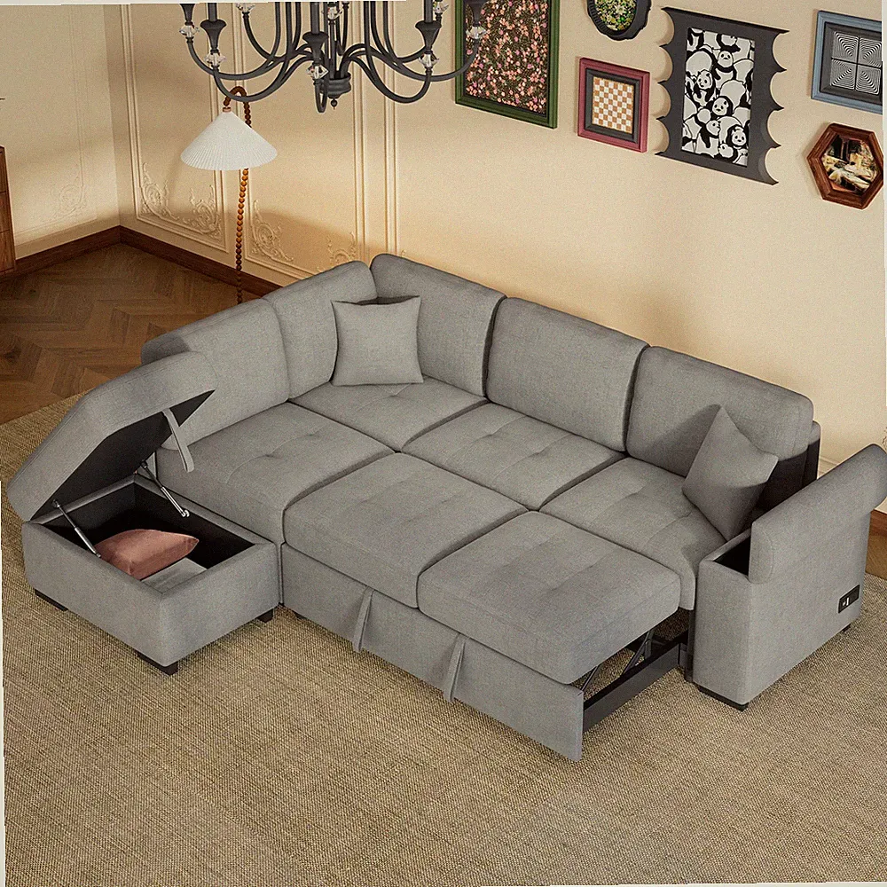 Sleeper Sectional Sofa, L-Shape Corner Couch Sofa-Bed with Storage Ottoman & H