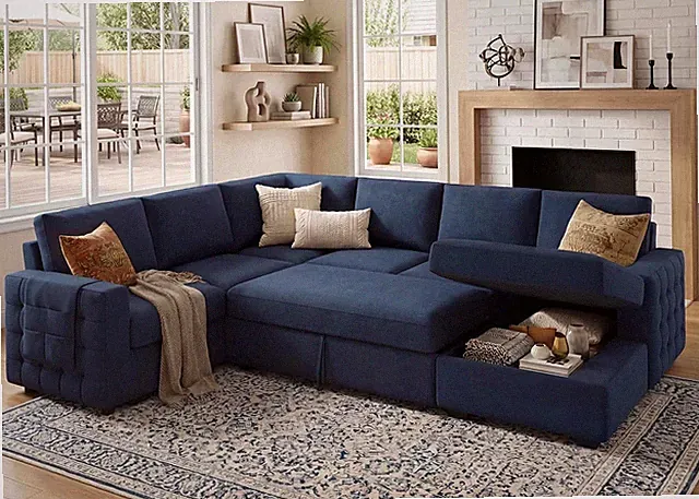 Sleeper Sectional Sofa Pull Out Bed Storage Chaise 6 Seat Faux Blue