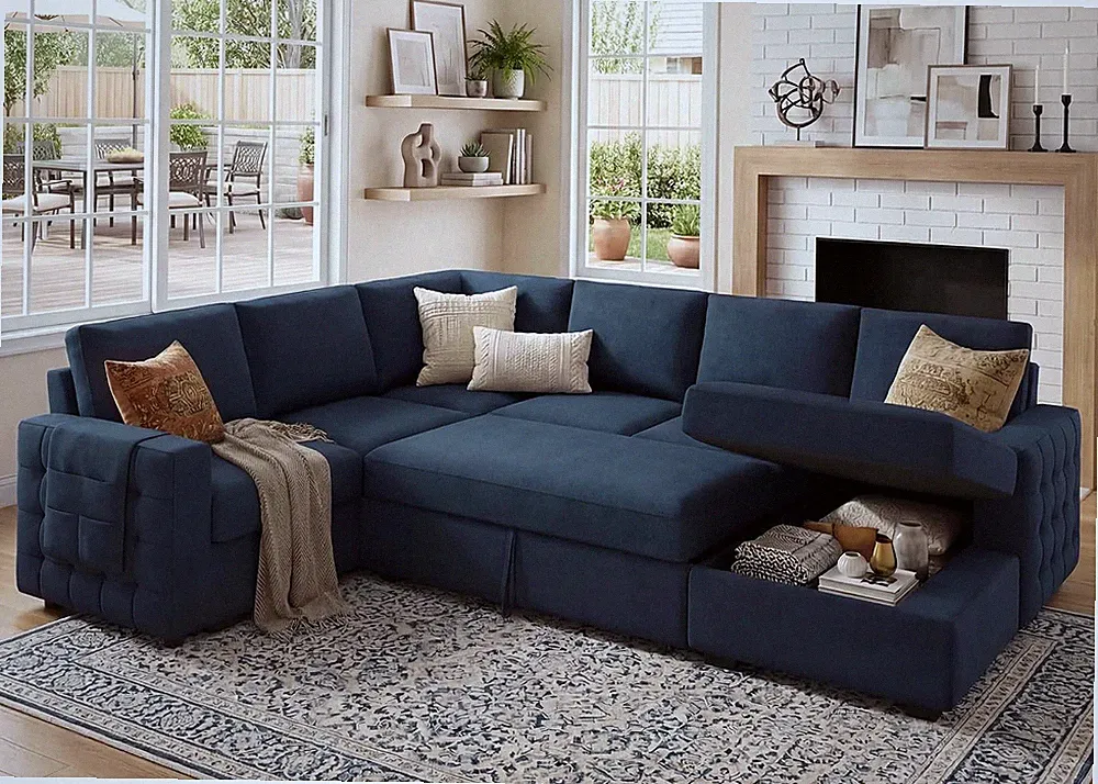 Sleeper Sectional Sofa Pull Out Bed Storage Chaise 6 Seat Faux Dark Blue