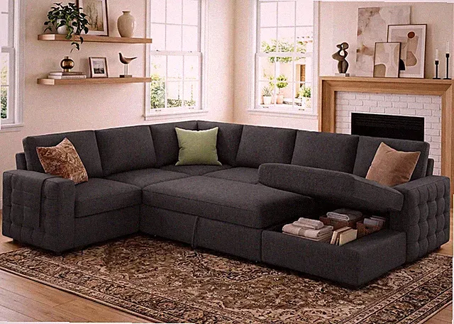 Sleeper Sectional Sofa Pull Out Bed Storage Chaise 6 Seat Faux Dark Grey 2