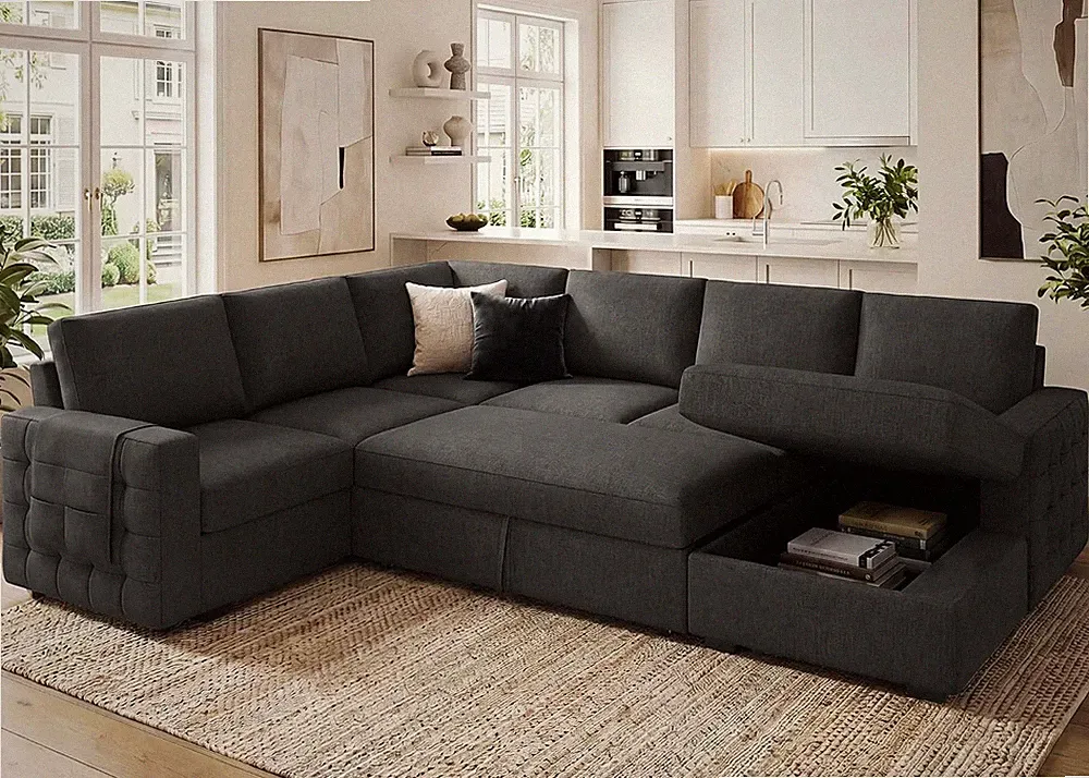 Sleeper Sectional Sofa Pull Out Bed Storage Chaise 6 Seat Faux Dark Grey