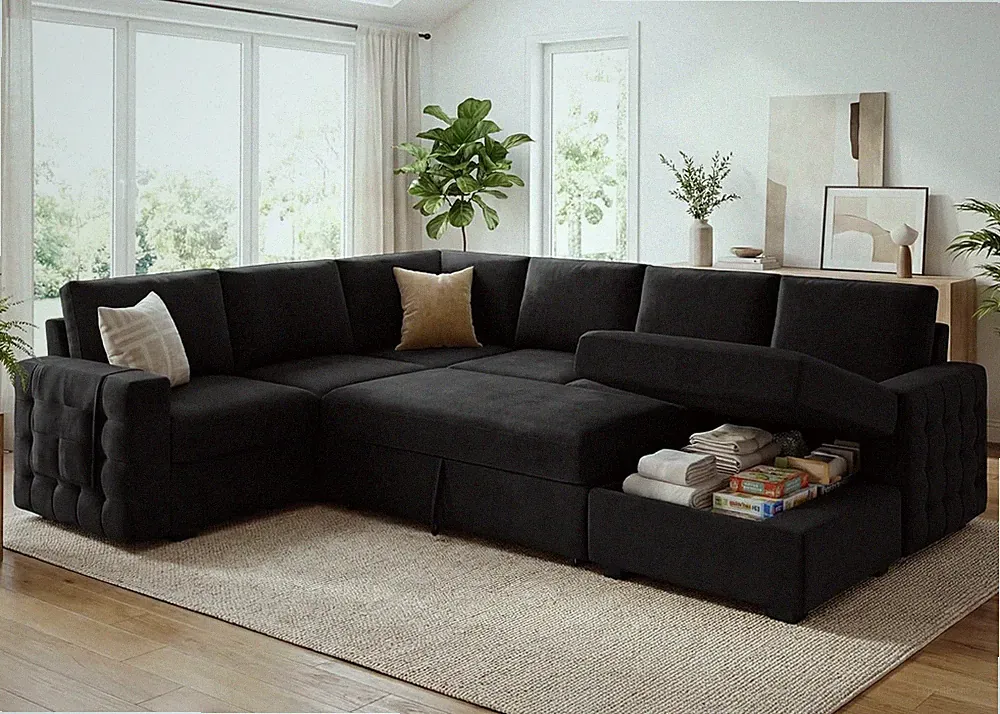 Sleeper Sectional Sofa Pull Out Bed Storage Chaise 6 Seat Faux Leather Black