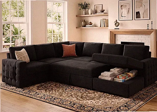 Sleeper Sectional Sofa Pull Out Bed Storage Chaise 6 Seat Faux Velvet Black