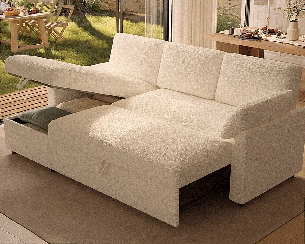 Sleeper Sofa 2-in-1 Sofa Bed Storage Chaise Boucle White