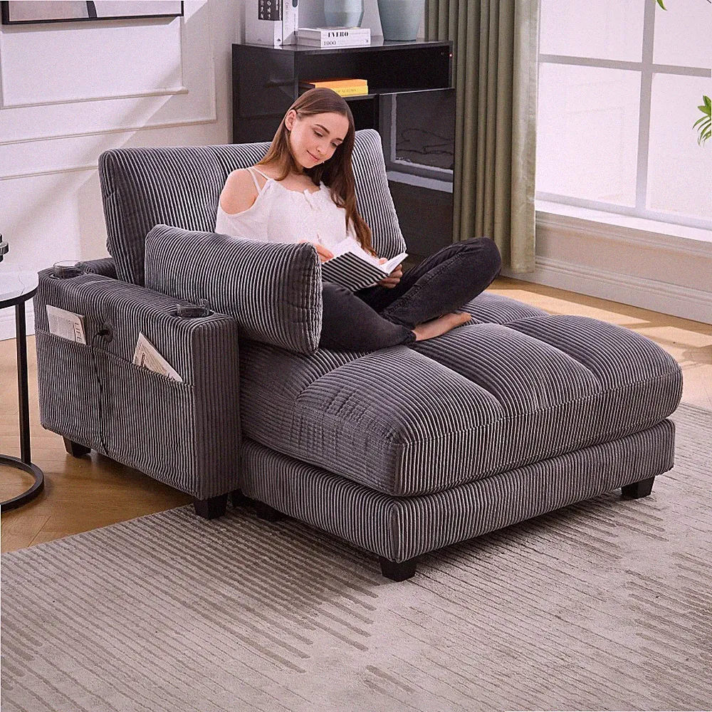 Sleeper Sofa Bed, 1-Seat w/ Chaise, USB Charging Port, Adjustable Backrest