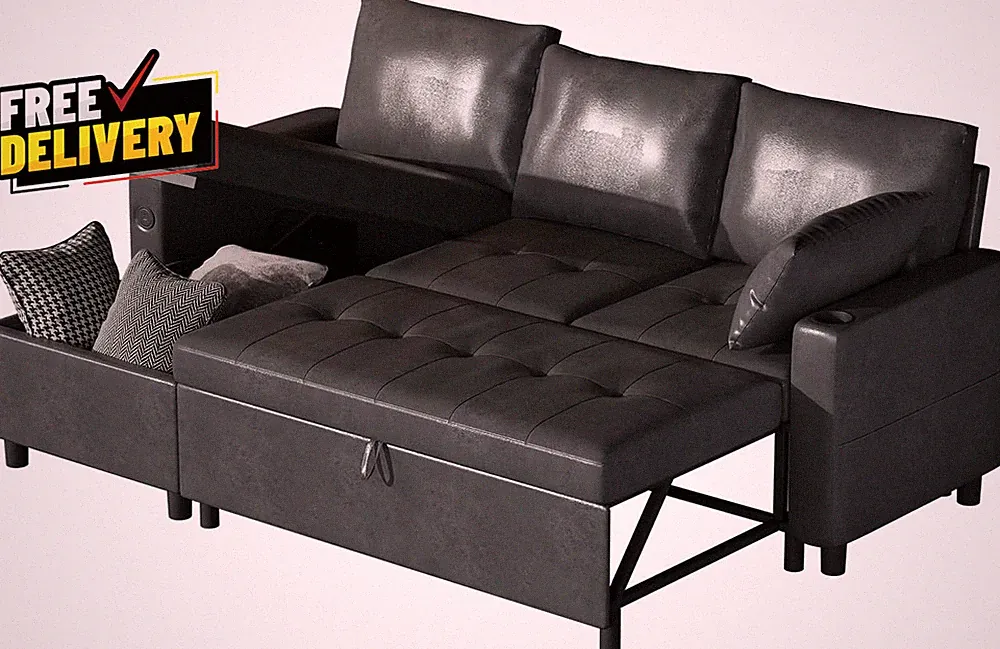 Sleeper Sofa Bed 3-In-1 Pull Out Couch with Reversible Chaise Leather Sleeper..