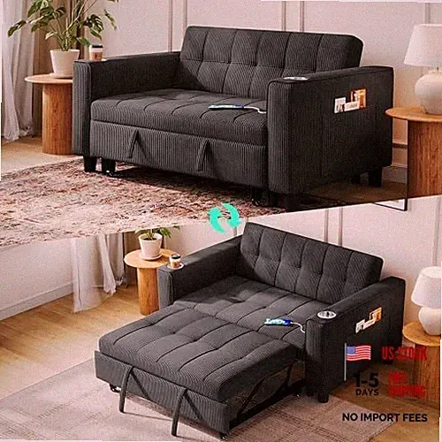 Sleeper Sofa Bed, 54" Pull Out Couch with Charging Station & Corduroy Black