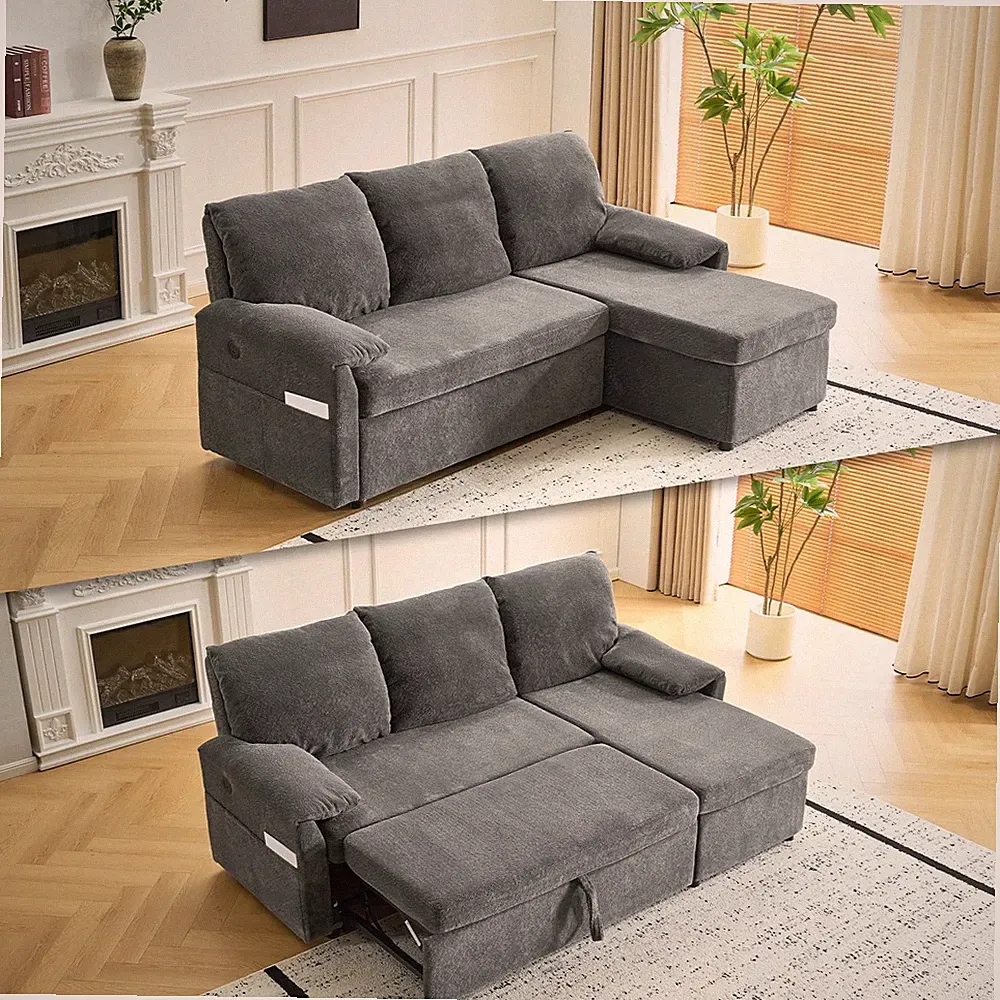 Sleeper Sofa Bed Convertible Pull Out Couch L-Shape Sectional Storage Chaise USB
