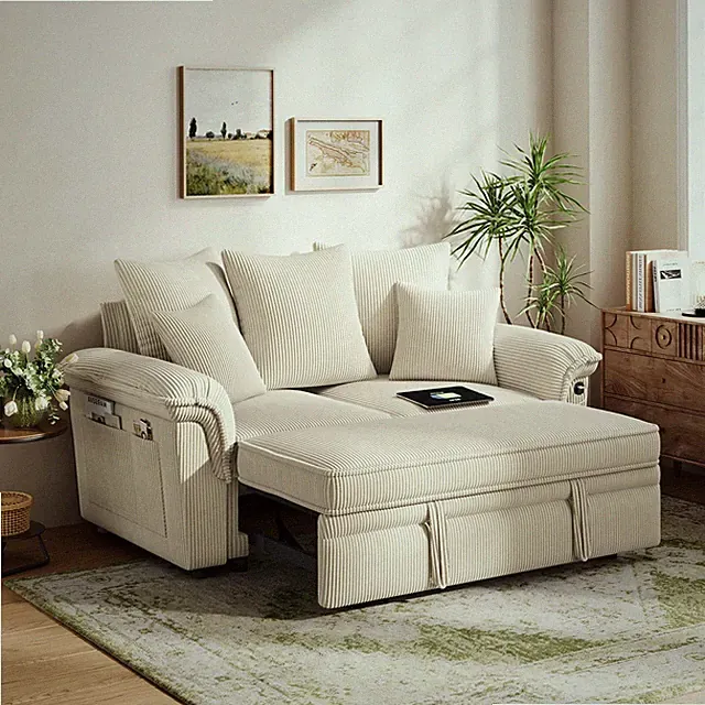 Sleeper Sofa Bed Pull Out Couch Modular Sectional Sofa Beige 62.5 Inches