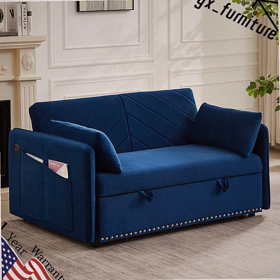 Sleeper Sofa Bed w/USB Port, 3-in-1 Adjustable Soft Velvet Couch w/Pull-out Bed