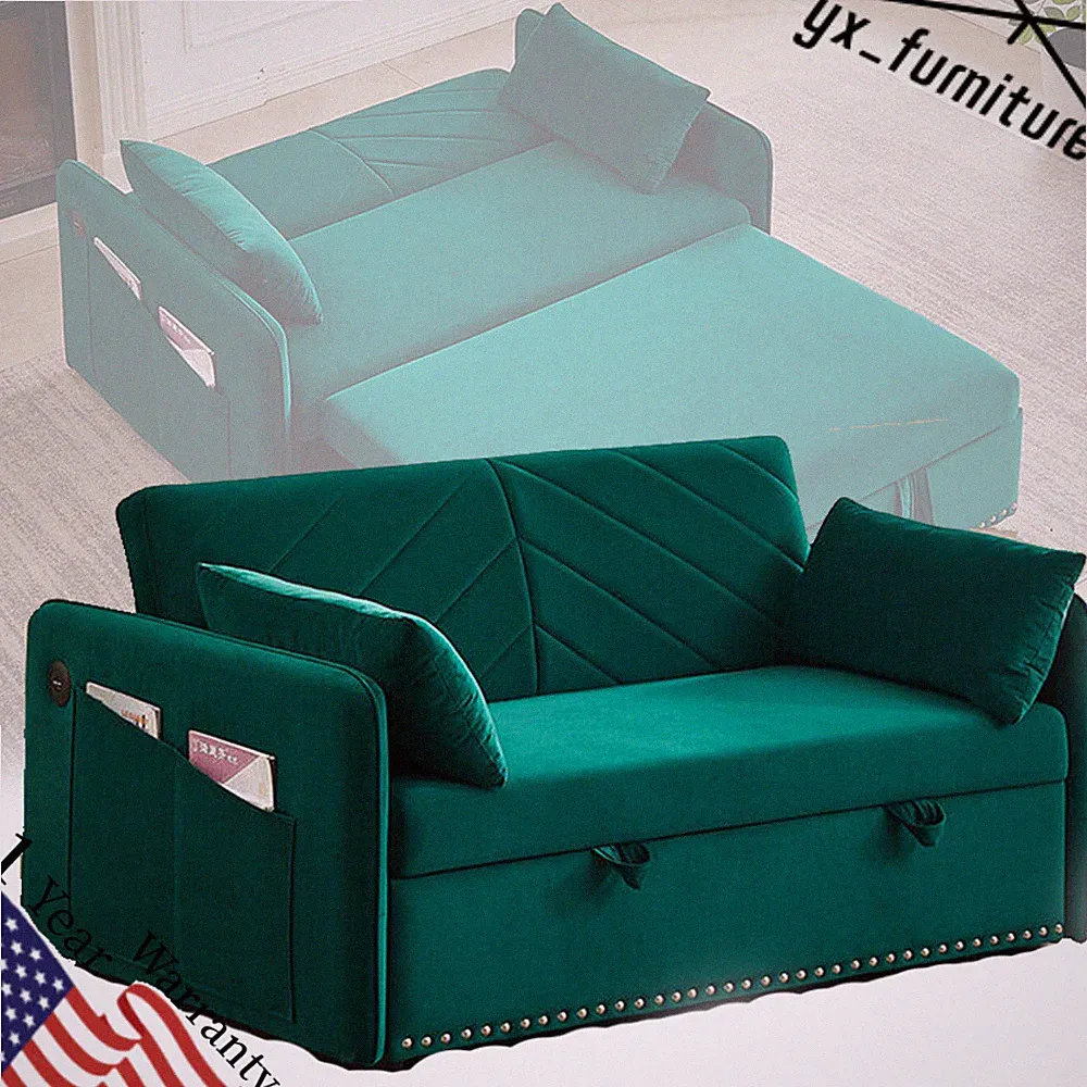 Sleeper Sofa Bed w/USB Port, 3-in-1 Adjustable Soft Velvet Couch w/Pull-out Bed