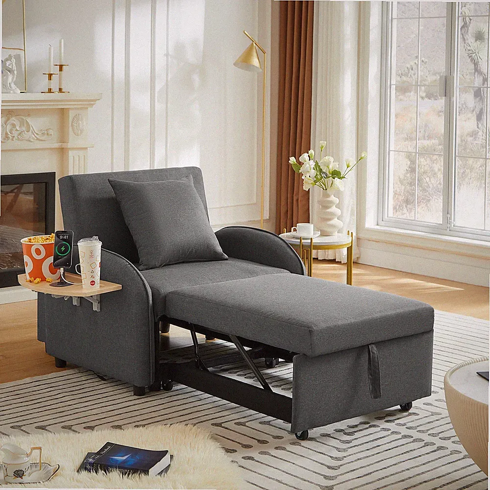 Sleeper Sofa Chair Bed, 3-in-1 Convertible with Adjustable Backrest & Table
