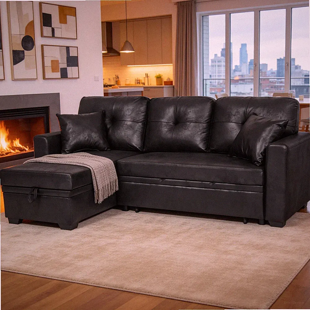 Sleeper Sofa Sectional Pull-Out Bed Reversible Chaise Storage Black