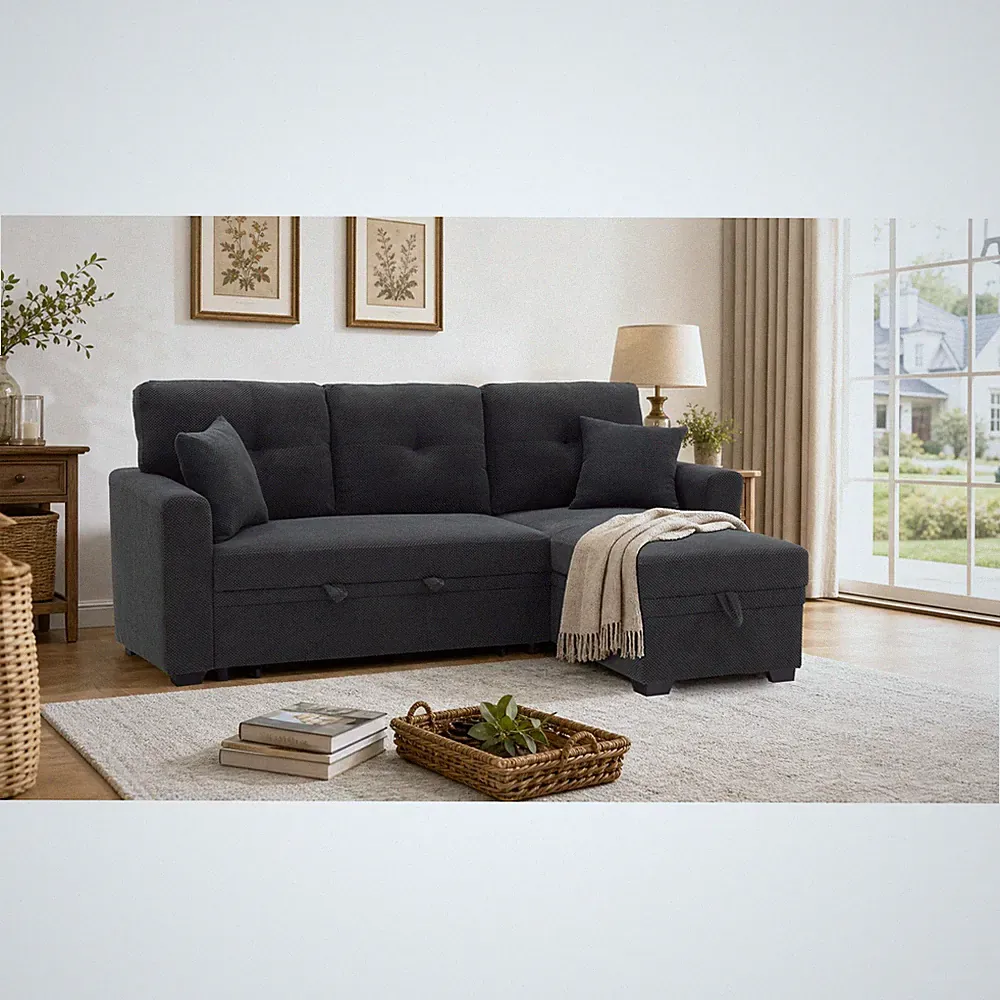 Sleeper Sofa Sectional Pull-Out Bed Reversible Chaise Storage Dark Gray