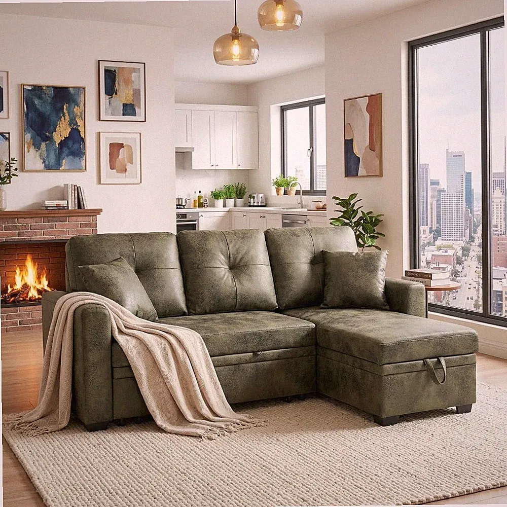 Sleeper Sofa Sectional Pull-Out Bed Reversible Chaise Storage Olive Green
