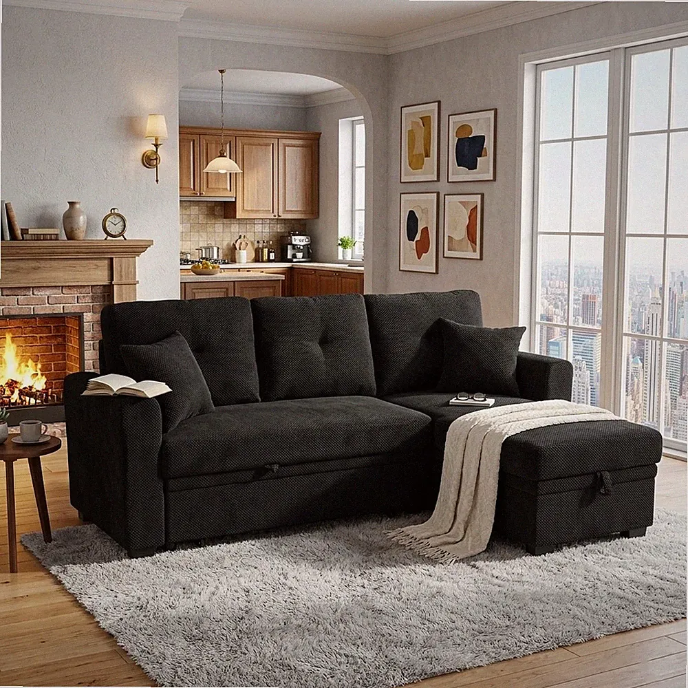 Sleeper Sofa,Sectional w/Pull-Out Bed,Reversible Chaise,Storage Sectional, Black