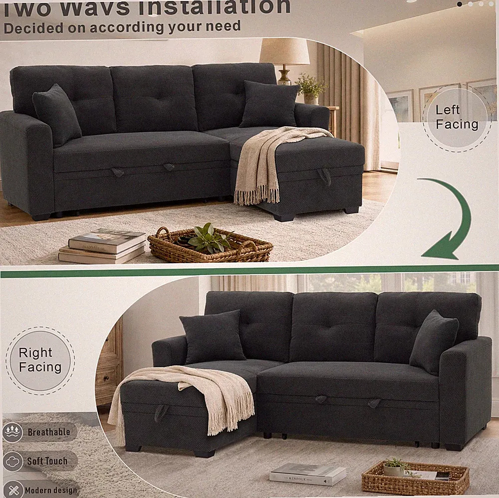Sleeper Sofa,Sectional w/Pull-Out Bed,Reversible Chaise,Storage Sectional, Dark