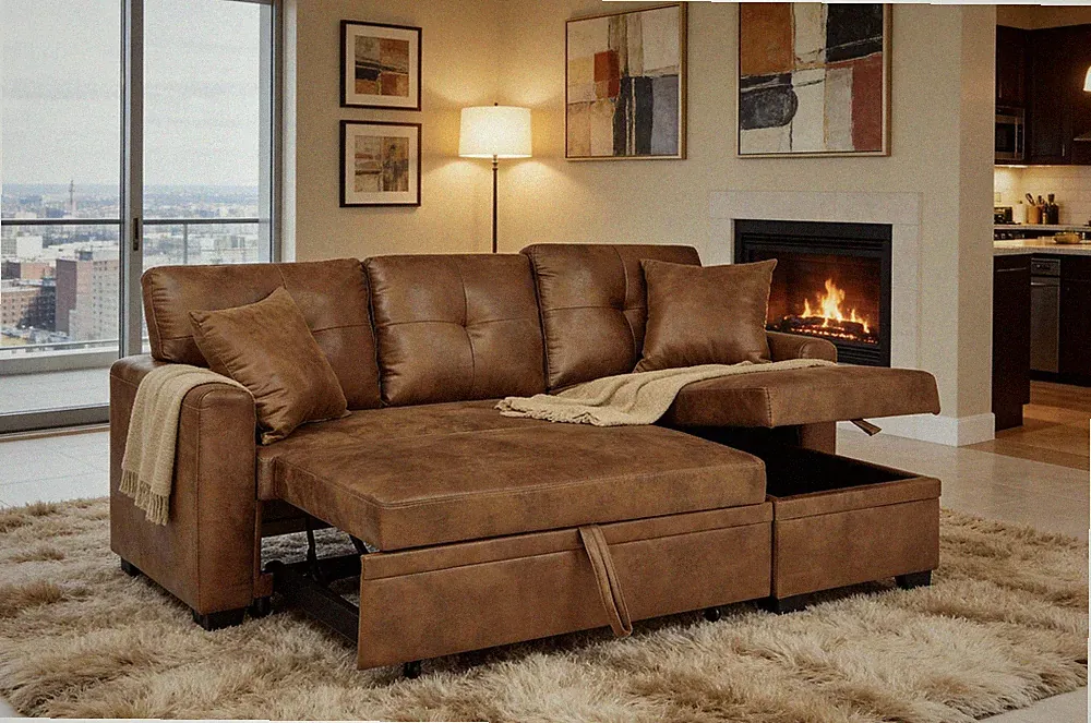 Sleeper Sofa,Sectional w/Pull-Out Bed,Reversible Chaise,Storage Sectional, Light