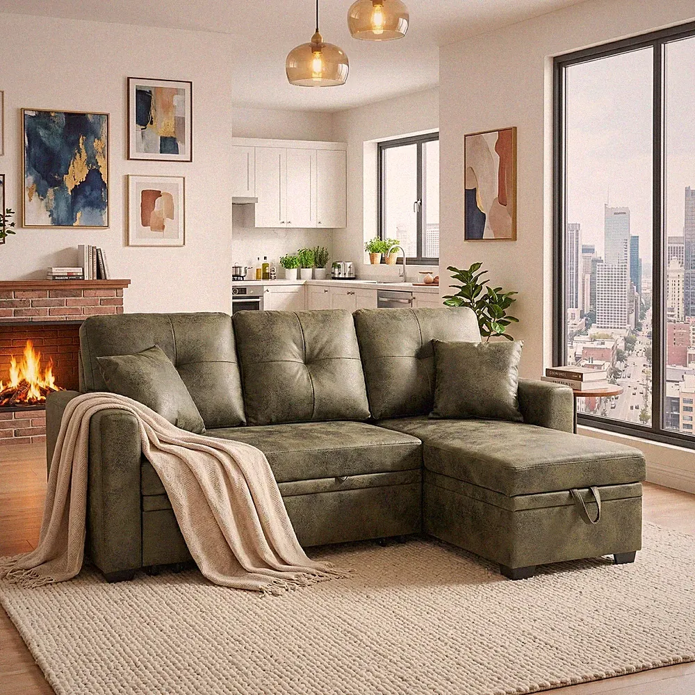 Sleeper Sofa,Sectional w/Pull-Out Bed,Reversible Chaise,Storage Sectional, Olive