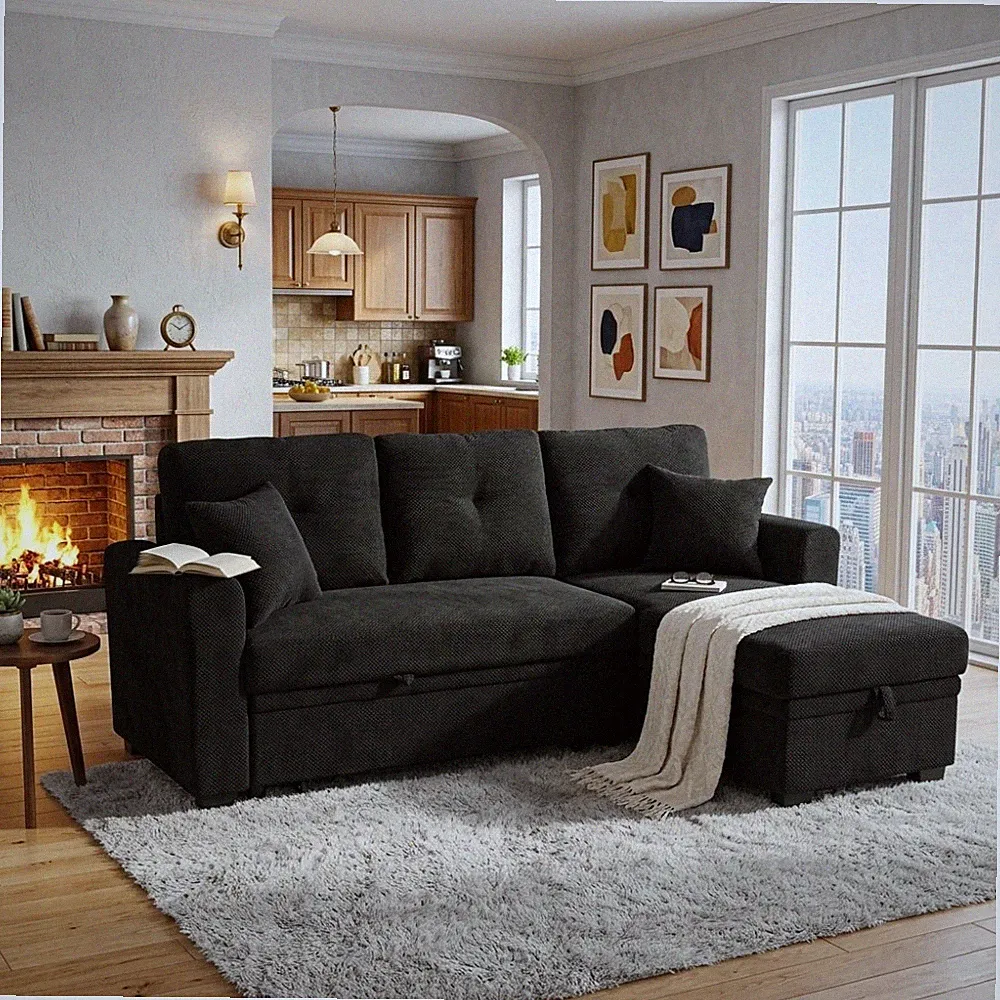 Sleeper Sofa Sectional with Pull-Out Bed, Reversible Chaise, Black