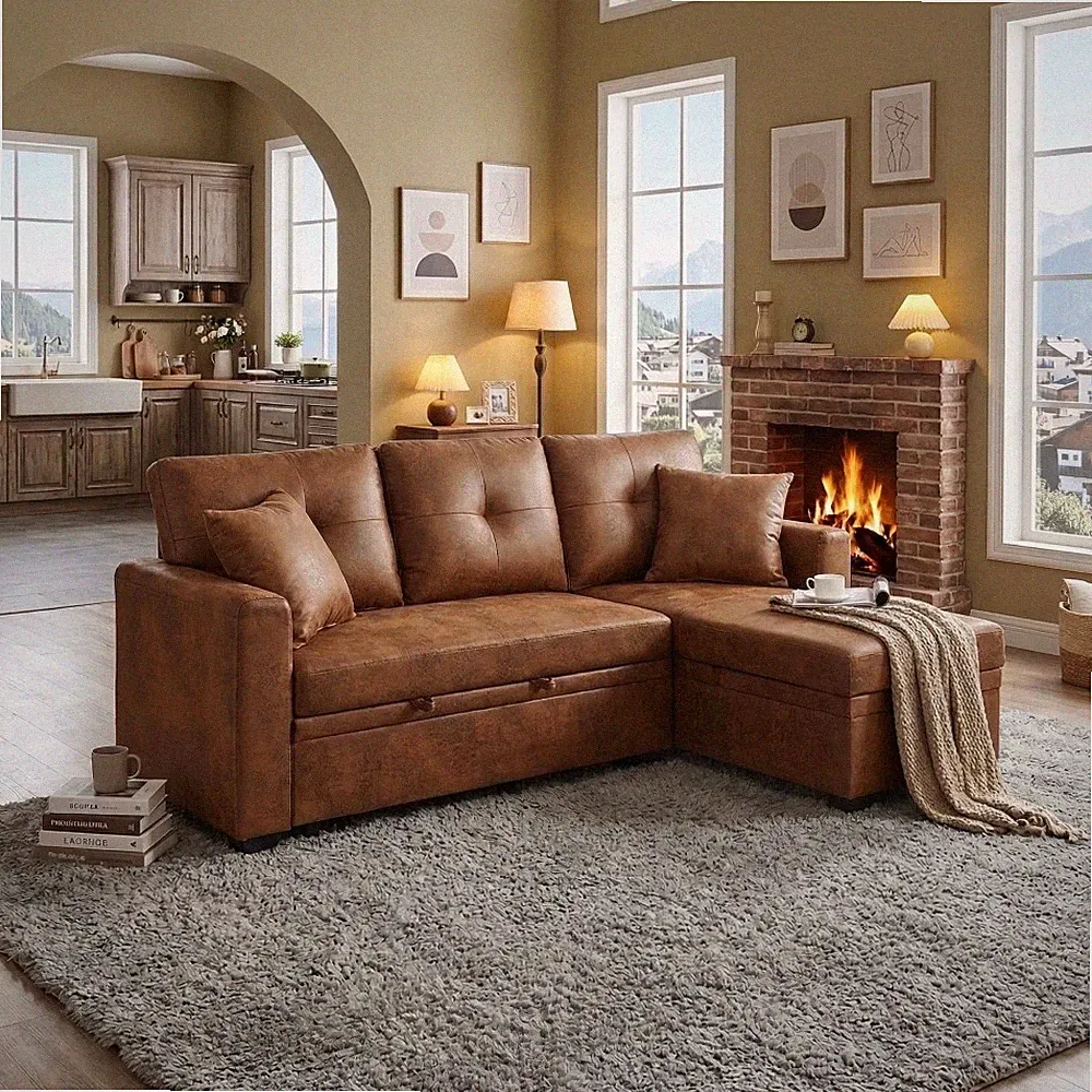 Sleeper Sofa Sectional with Pull-Out Bed, Reversible Chaise, Storage