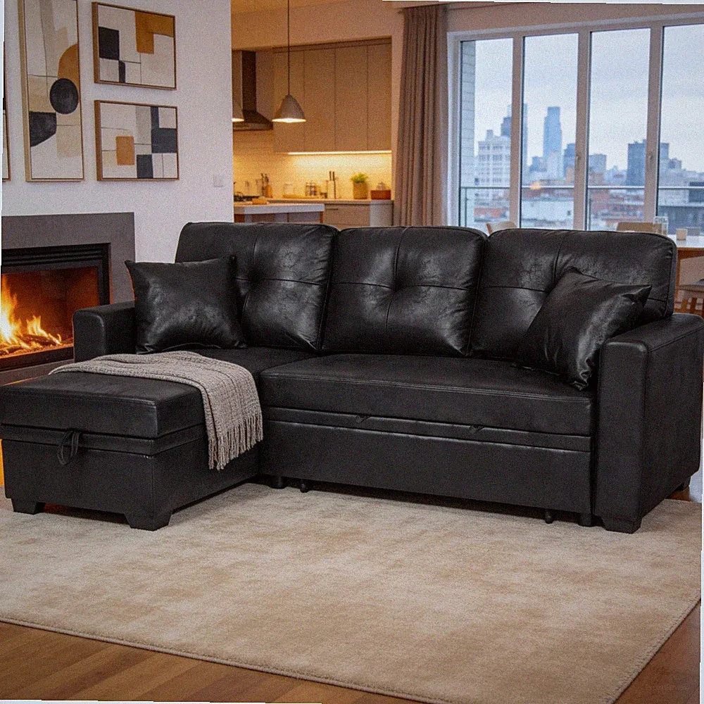 Sleeper Sofa Sectional with Pull-Out Bed, Reversible Chaise, Storage, Black