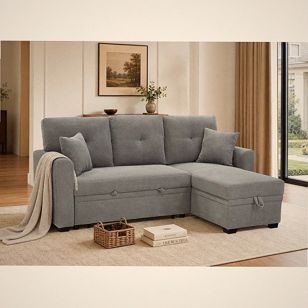 Sleeper Sofa Sectional with Pull-Out Bed, Reversible Chaise, Storage, Light Gray