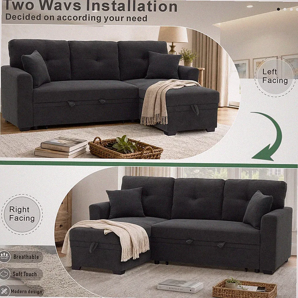 Sleeper Sofa, Sectional with Pull-Out Bed, Reversible Chaise, Storage Sectiona