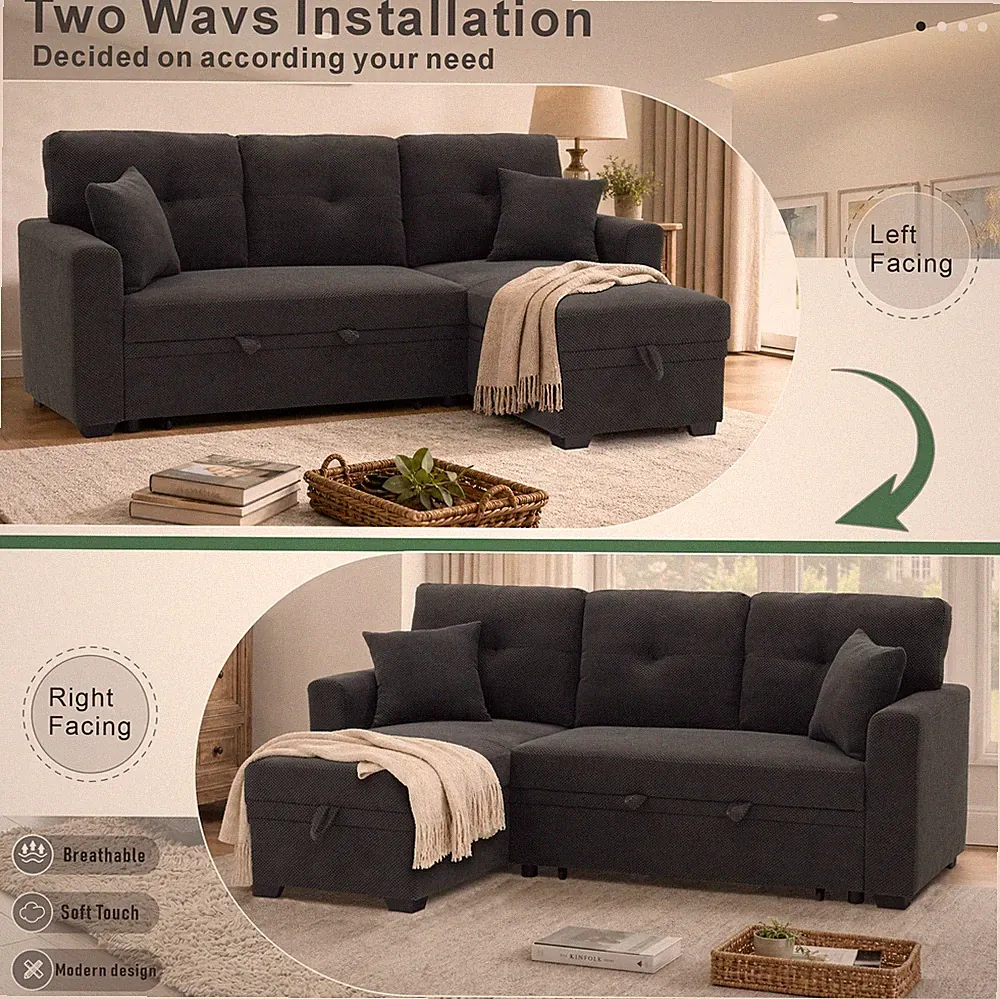 Sleeper Sofa, Sectional with Pull-Out Bed, Reversible Chaise, Storage Sectiona