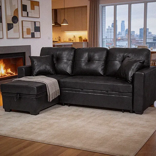 Sleeper Sofa,Sectional with Pull-Out Bed,Reversible Chaise,Storage Sectional, Bl