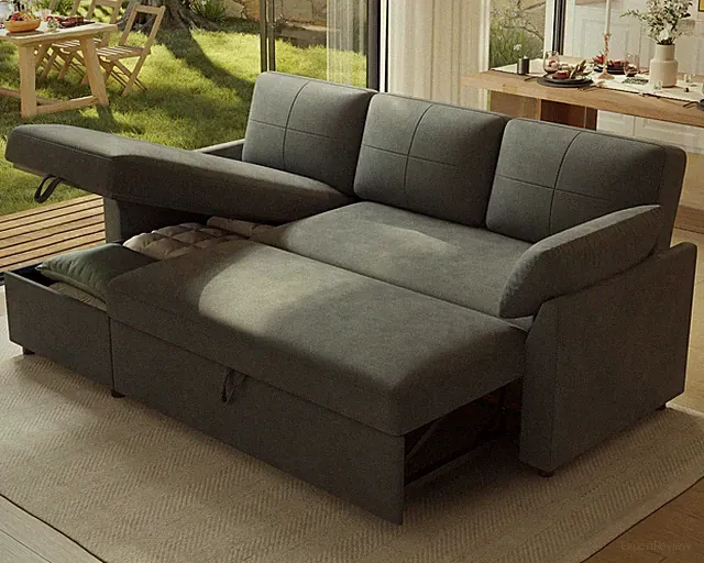 Sleeper Sofa Storage Chaise Convertible Pull Out Couch L-Shaped Linen Grey