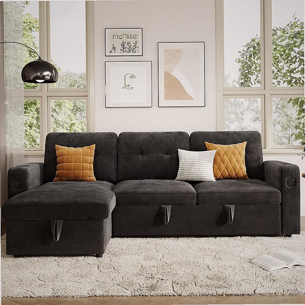 Sleeper Sofa w/ Charging L Shaped Convertible Pull-Out Couch Sectional Sofa Bed