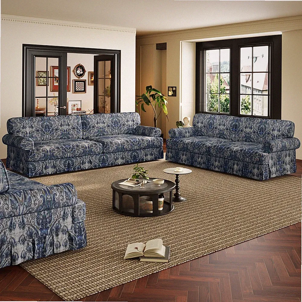 Sleeper Sofa w/ Curled Arms & Deep Cushions for Apartments, Blue Floral