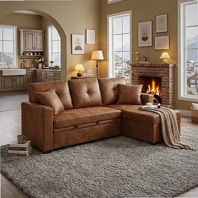 Sleeper Sofa with Pull-Out Bed, Reversible Chaise,Light Brown breathable fabric