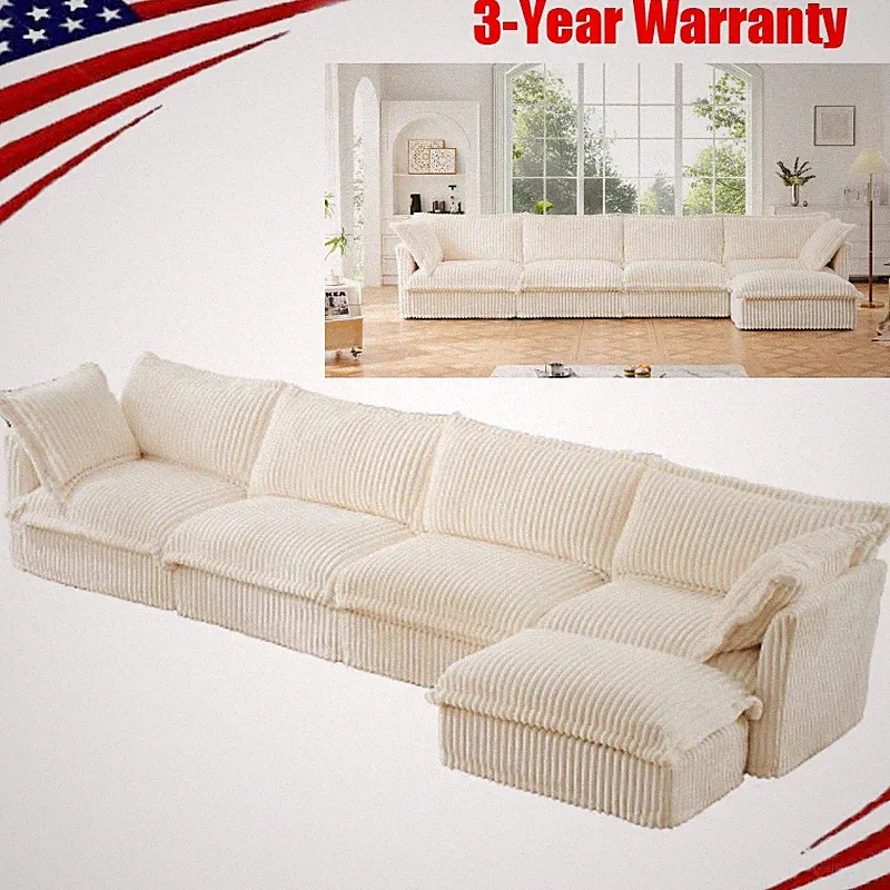 Slipcovered L Shape Sectional Long Sofa Couch 4 Seater Sofa with 2 Big Pillows