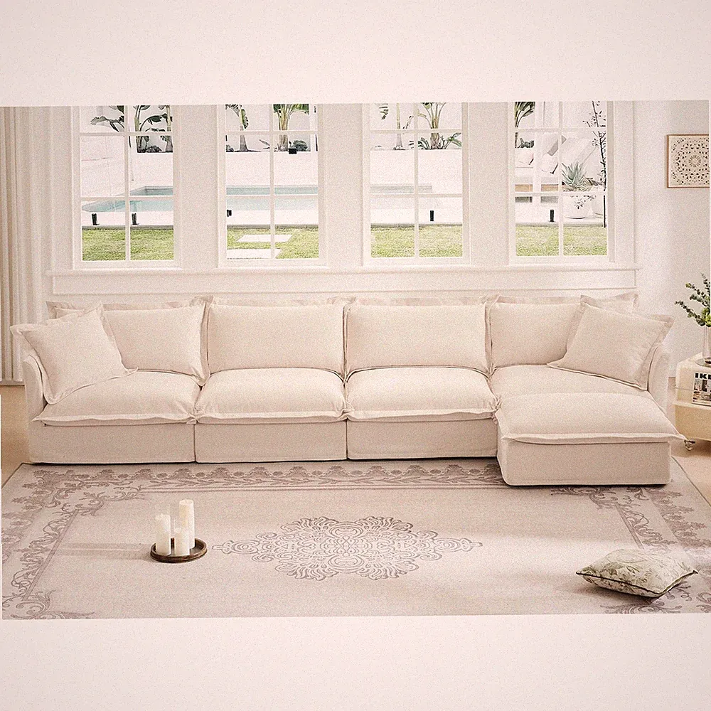 Slipcovered L Shape Sectional Long Sofa Couch, 4 Seater Sofa with Suppleness Arm