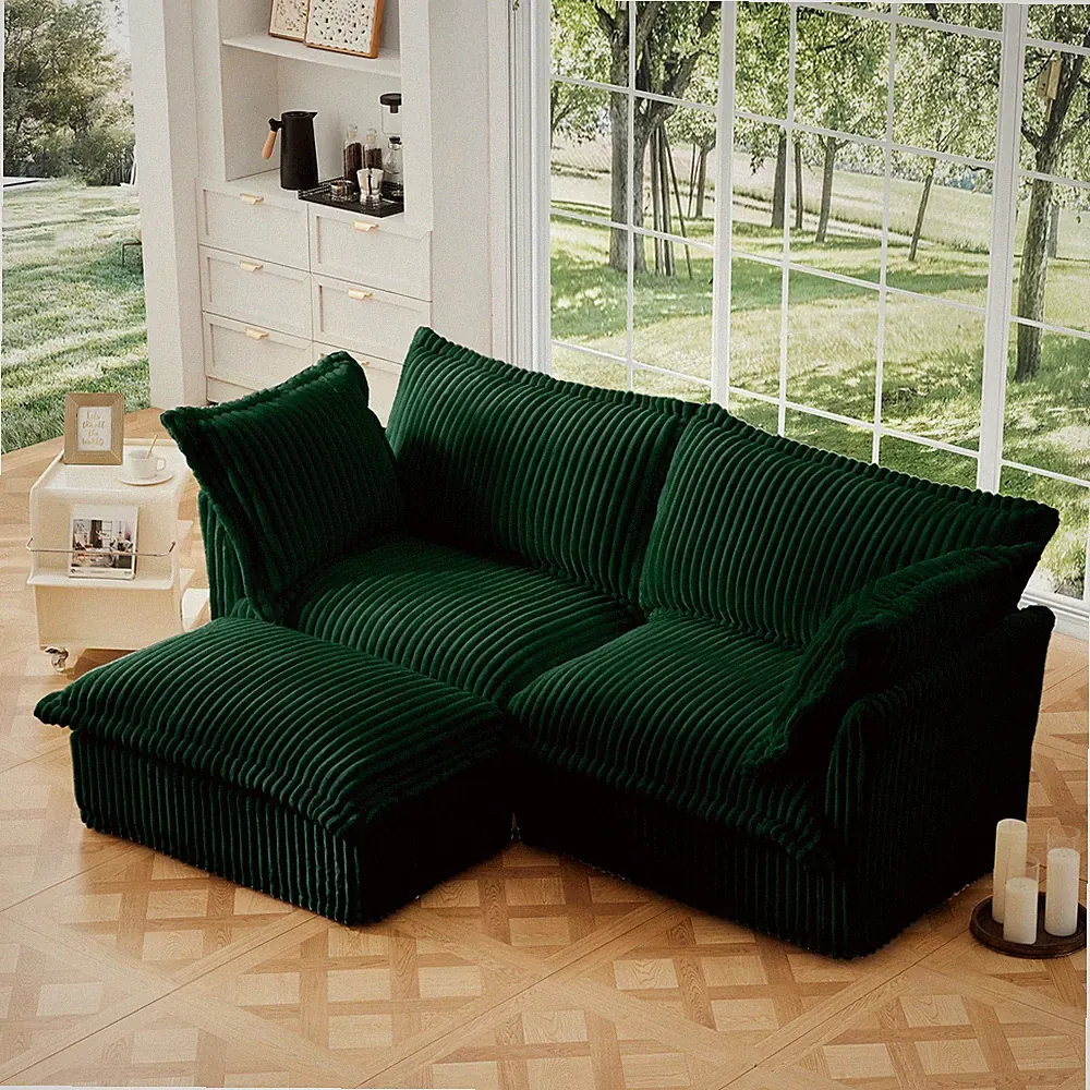 Slipcovered Sectional 2 Seater Sofa Couch w/Convertible Ottoman,Wide and Deep