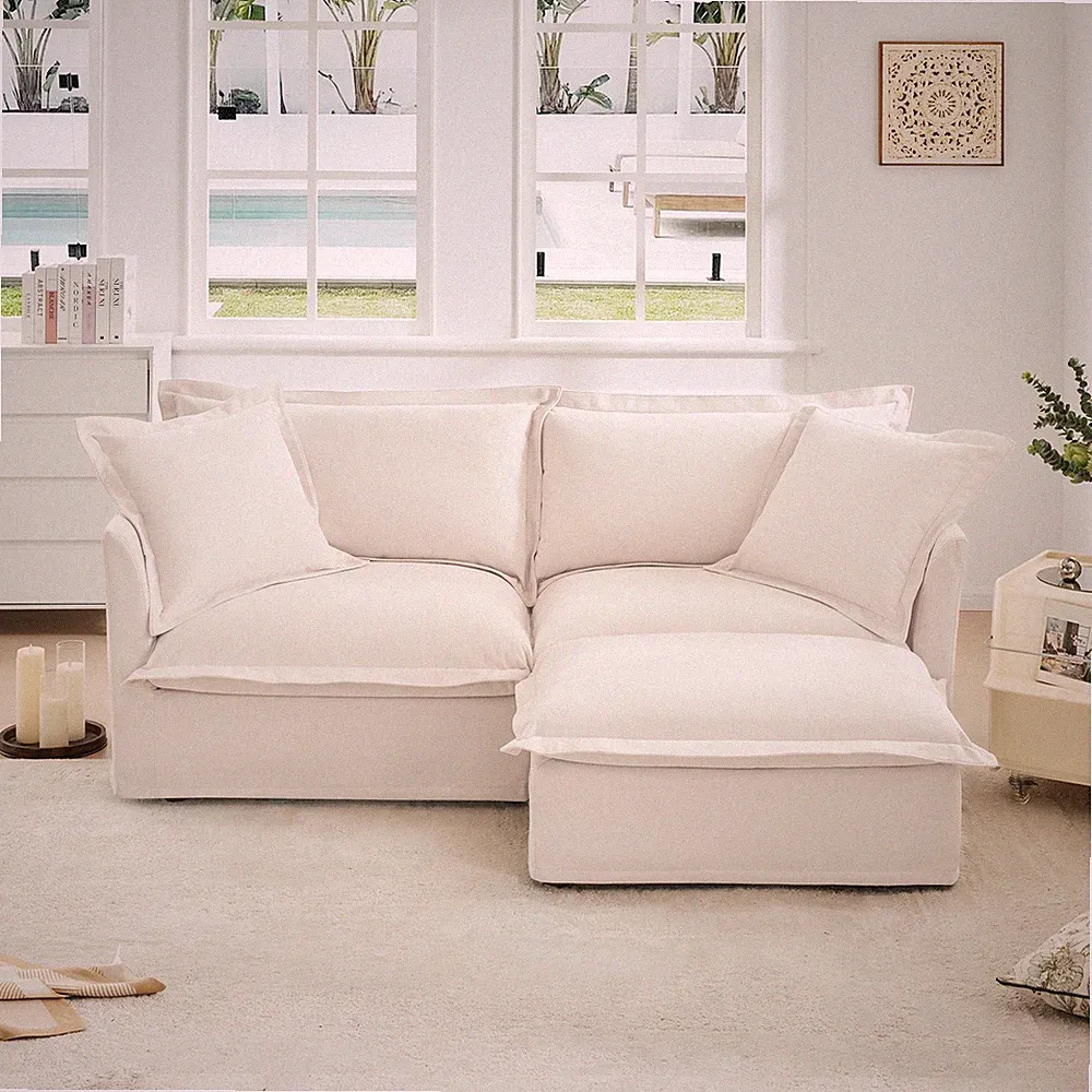 Slipcovered Sectional 2 Seater Sofa Couch w/Convertible Ottoman,Wide and Deep Se