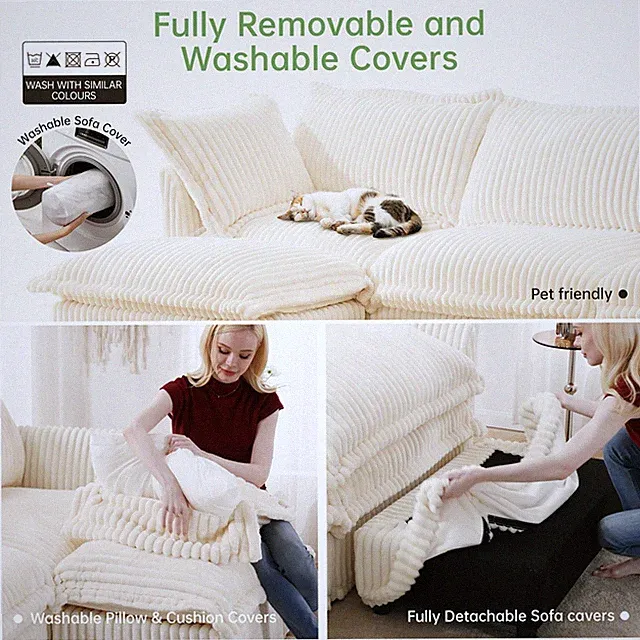 Slipcovered Sectional 2 Seater Sofa Couch with Convertible Ottoman, Wide and
