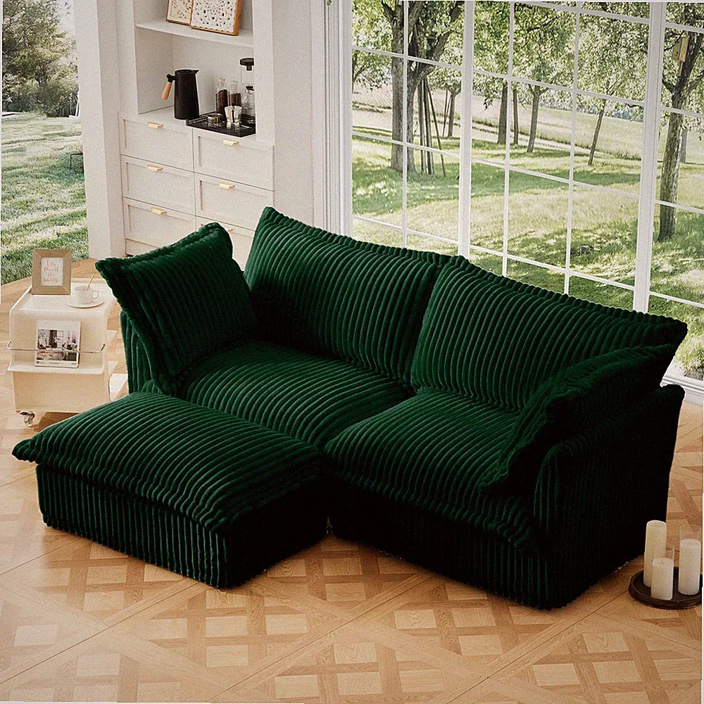 Slipcovered Sectional 2 Seater Sofa Couch with Convertible Ottoman, Wide and D