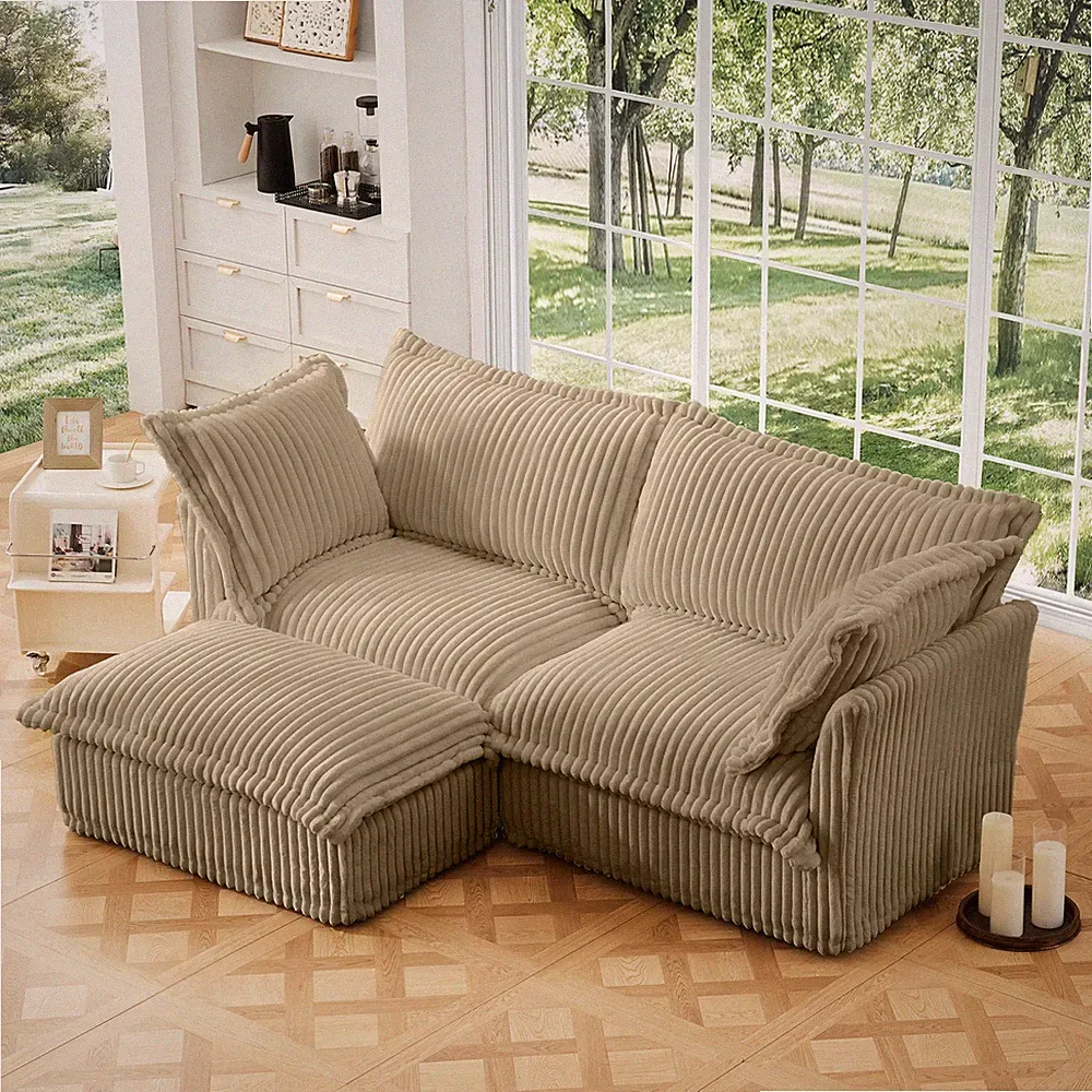 Slipcovered Sectional 2 Seater Sofa Couch with Convertible Ottoman, Wide and D