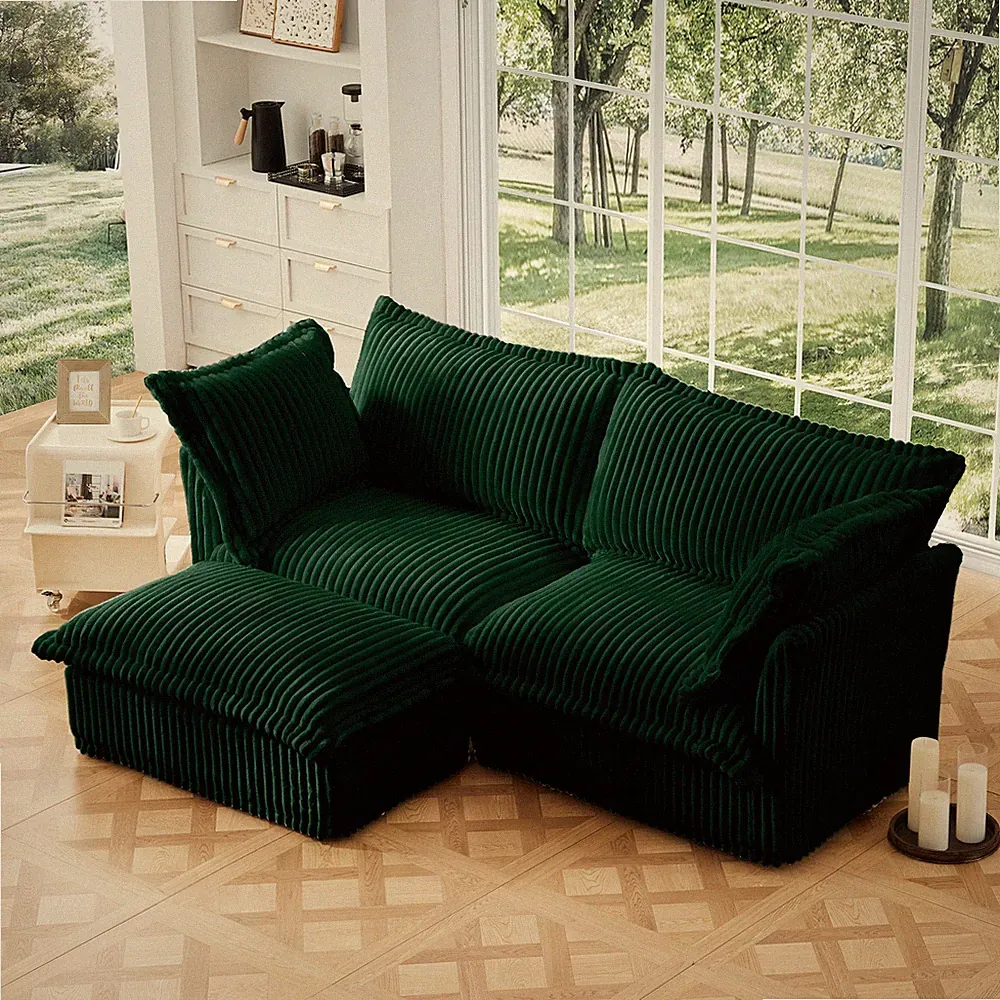 Slipcovered Sectional 2 Seater Sofa Couch with Convertible Ottoman, Wide and D