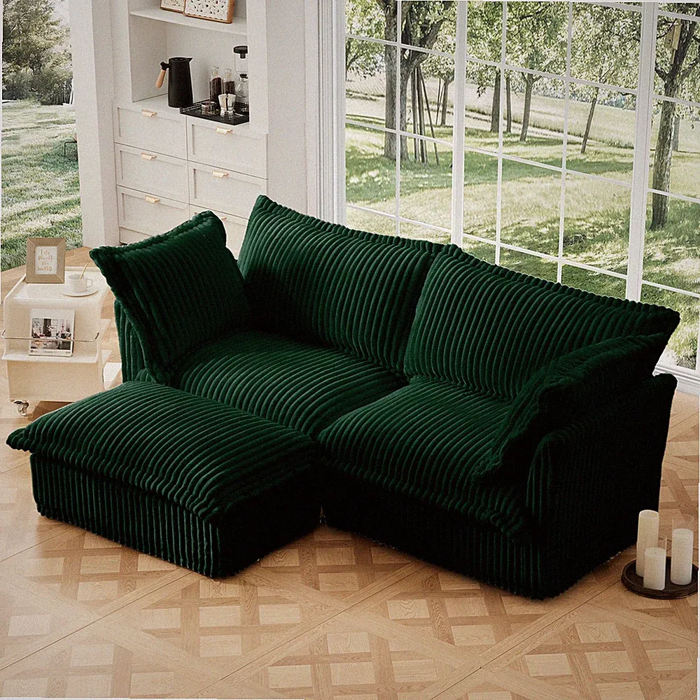 Slipcovered Sectional 2 Seater Sofa Couch with Convertible Ottoman, Wide and D