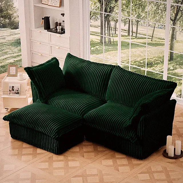 Slipcovered Sectional 2 Seater Sofa Couch with Convertible Ottoman, Wide and