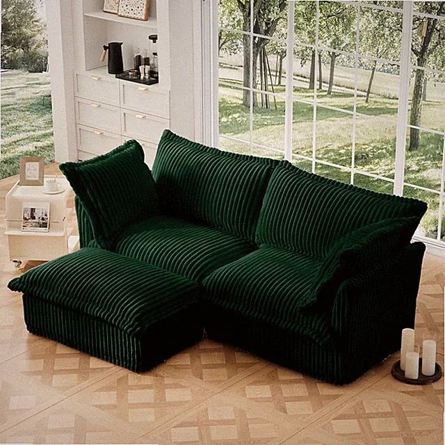 Slipcovered Sectional 2 Seater Sofa Couch with Convertible Ottoman, Wide and De