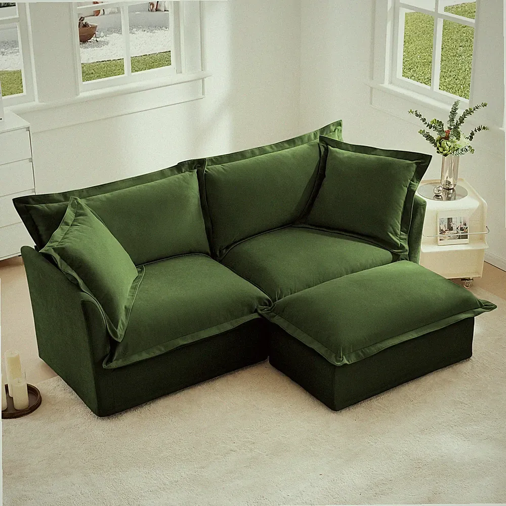 Slipcovered Sectional 2 Seater Sofa Couch with Convertible Ottoman, Wide and De