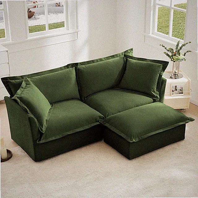 Slipcovered Sectional 2 Seater Sofa Couch with Convertible Ottoman, Wide and De