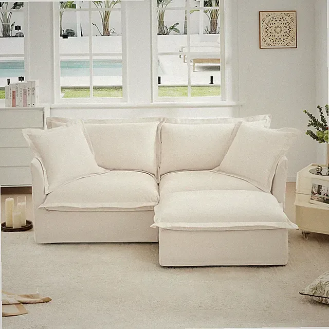 Slipcovered Sectional 2 Seater Sofa Couch with Convertible Ottoman, Wide and Dee